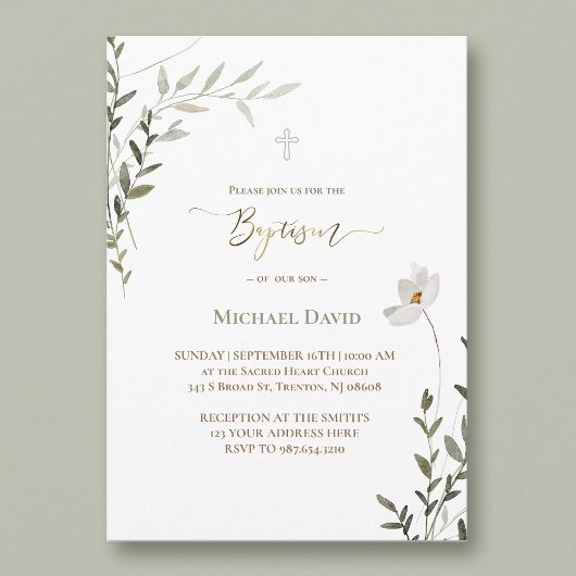 Baptism sage green watercolor foliage  invitation 招待状