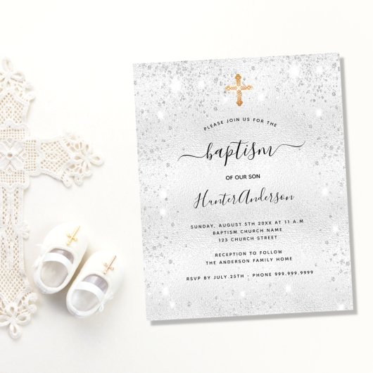 Baptism silver glitter boy girl budget invitation  チラシ