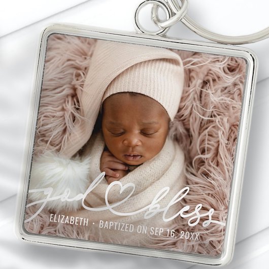 Baptism Simple Elegant Modern Heart Baby Photo キーホルダー