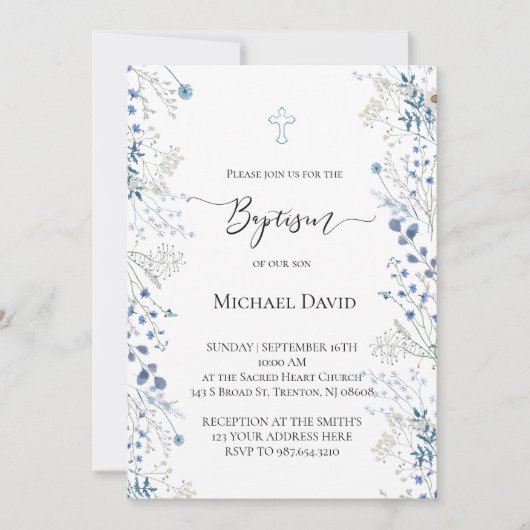 Baptism small blue watercolor flowers 招待状 (正面)