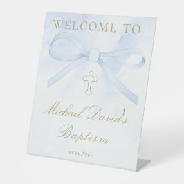 Baptism watercolor blue bow 台座サイン