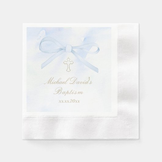 Baptism watercolor blue bow 縁ありカクテルナプキン (正面)