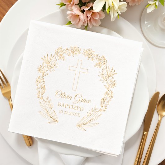 Baptized Floral Cross Religious Event  箔ナプキン