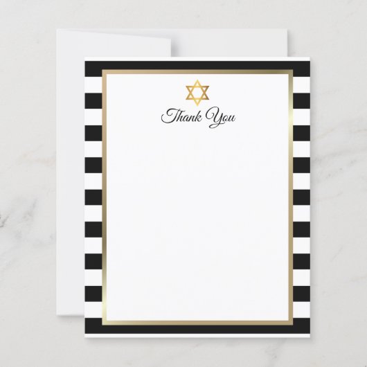 Bar Bat Mitzvah Black White Stripe Thank You Note (正面)