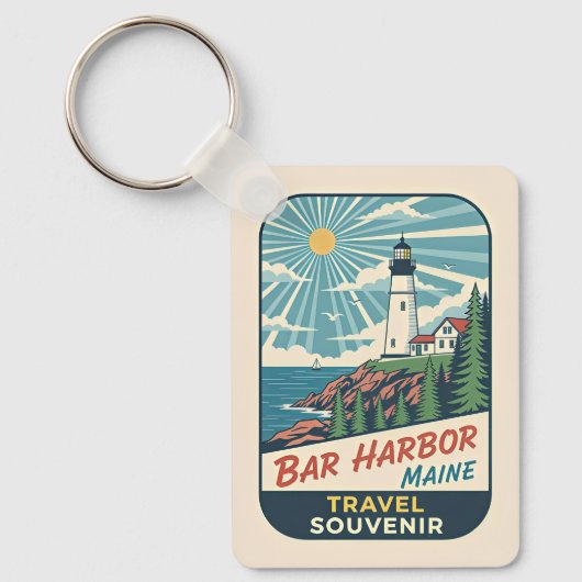 Bar Harbor, Maine Retro Lighthouse 1950s キーホルダー (正面)