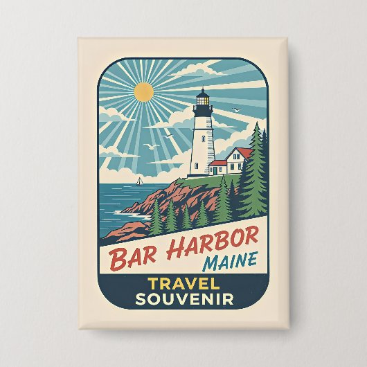 Bar Harbor, Maine Retro Lighthouse 1950s 缶バッジ (正面)