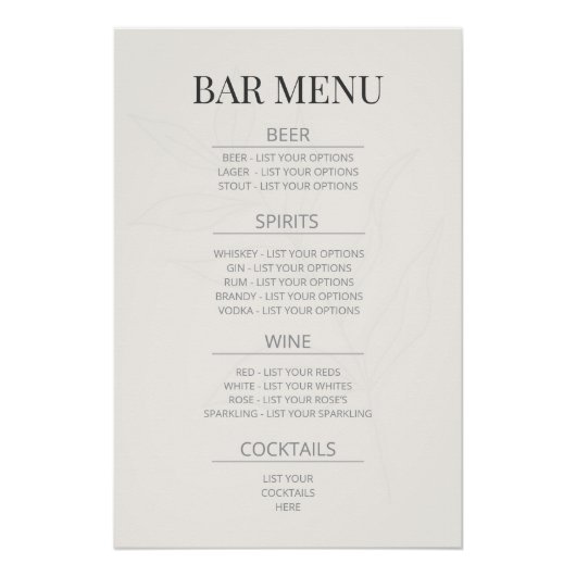 『Bar Menu』ボタニカル ウェディングサイン ウォームアイボリー ポスター (正面)