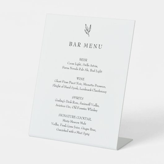 Bar Menu Minimalist Botanical Wedding Drinks List 台座サイン (正面)
