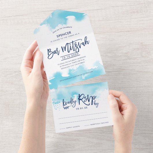 BAR MITZVAH modern script aqua blue watercolor オールインワン招待状 (貼ってはがせる)
