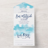 BAR MITZVAH modern script aqua blue watercolor オールインワン招待状 (内側)