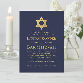 Bar Mitzvah Navy Blue Faux Gold Foil Star of David 招待状