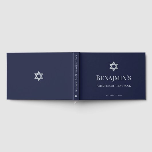 Bar Mitzvah Navy Blue Faux Silver Star of David ゲストブック (全面)