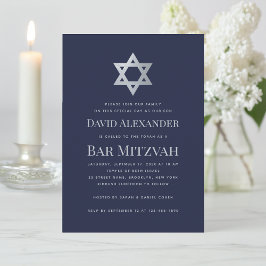 Bar Mitzvah Navy Blue & Faux Silver Star of David 招待状