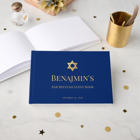 Bar Mitzvah Royal Blue Faux Gold Star of David ゲストブック (正面見開き)