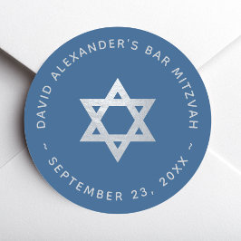 Bar Mitzvah Star of David Classic Blue Faux Silver ラウンドシール