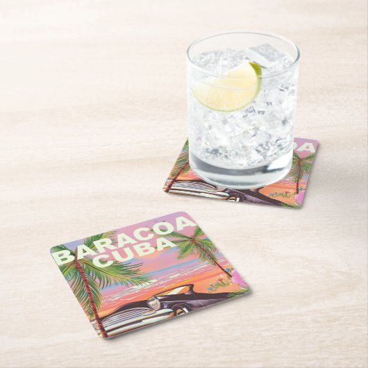 Baracoaキューバの自動車旅行ポスター スクエアペーパーコースター (インサイチュ)