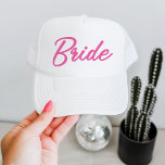 BARB Pink Malibu Doll Themed Bride Bachelorette キャップ<br><div class="desc">This bride bachelorette trucker hat features a Malibu doll-inspired font and is perfect bachelorette weekend group gift. Pair with the 'babe' option for a cohesive look. 💜 COLORS ARE EDITABLE! Click 'edit design' to change the colors.</div>