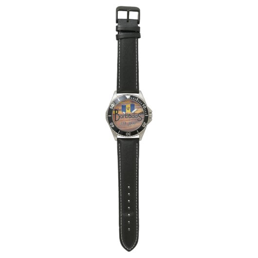 "Barbados Est. 1966" Sunset With Barbados Flag 腕時計 (フラット)