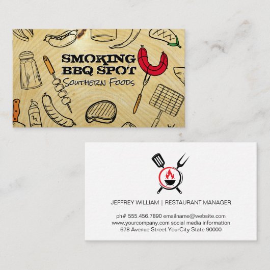 Barbecue Cooking Pattern | Wood Grain Background 名刺 (正面/裏面)