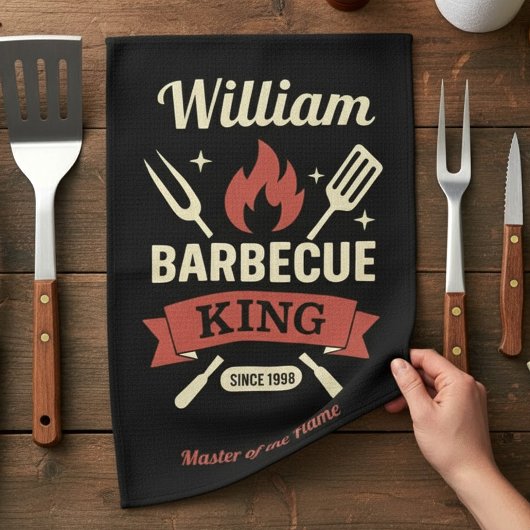 Barbecue King Kitchen Towel with Custom Name キッチンタオル