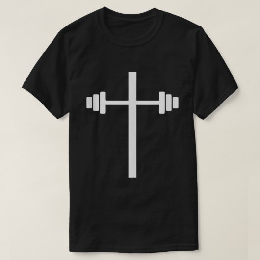 Barbell Dumbbell Cross Christian Jesus Gym Workout Tシャツ (デザイン正面)