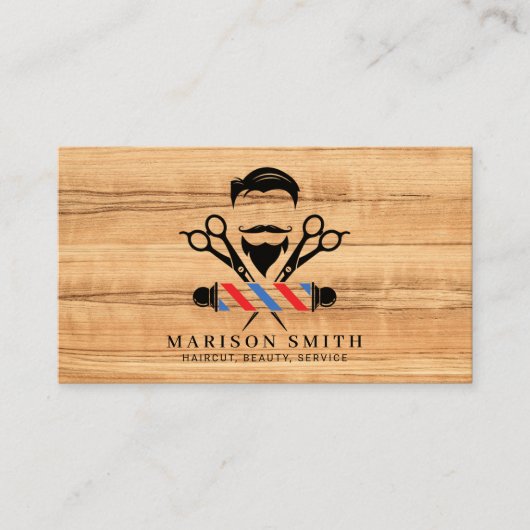 Barber Shop Hair Stylist Wood 名刺 (正面)