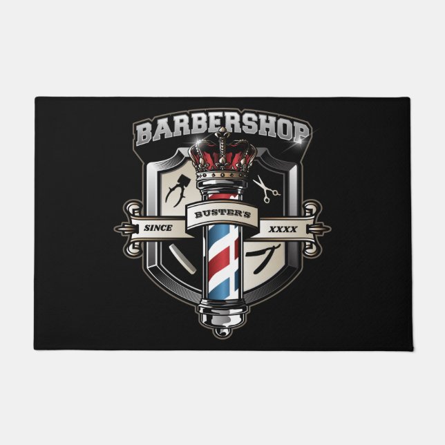Barbershopクラシックロゴのパーソナライズ24インチx 36インチ ドアマット (正面)