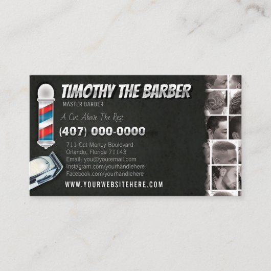 Barbershopビジネスカード – 理容師ポール、バリカン 名刺 (正面)