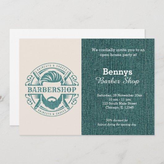 Barbershopブルージーンズのテクスチャをオープン日 招待状 (正面/裏面)