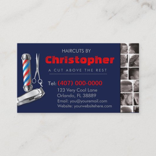 Barbershop Business Card-理容師ポール、Clippers com 名刺 (正面)