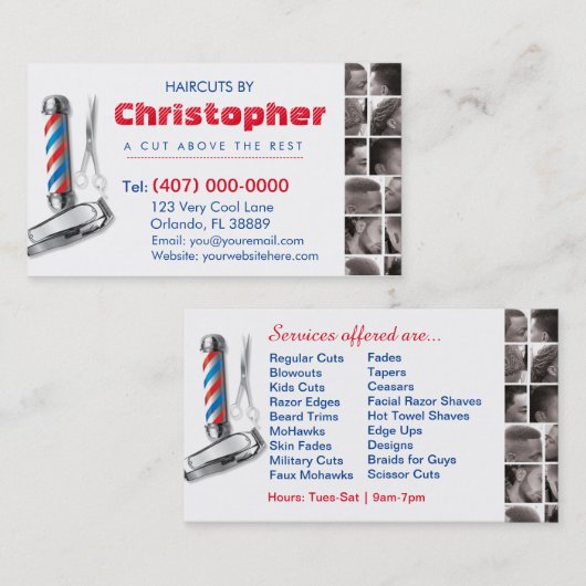 Barbershop Business Card-理容師ポール、Clippers com 名刺 (正面/裏面)