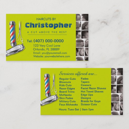Barbershop Business Card-理容師ポール、Clippers com 名刺 (正面/裏面)