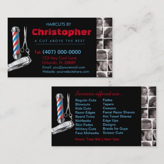 Barbershop Business Card-理容師ポール、Clippers com 名刺 (正面/裏面)