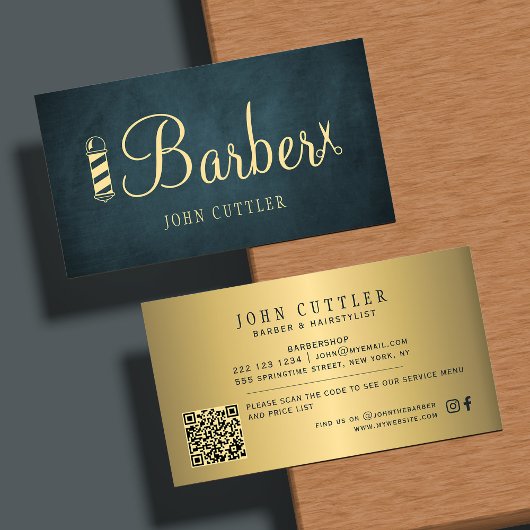 Barbershop gold navy pole scissors barber QR code 名刺