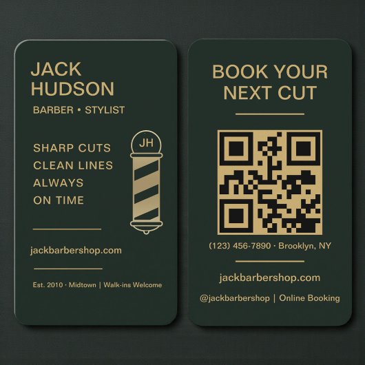 Barbershop Green Gold Barber Haircut QR Code 名刺