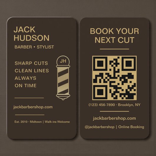 Barbershop Mocha Brown Gold Barber Haircut QR Code 名刺