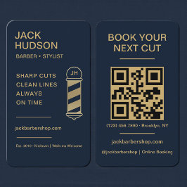 Barbershop Navy Blue Gold Barber Haircut QR Code 名刺