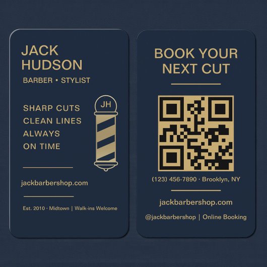 Barbershop Navy Blue Gold Barber Haircut QR Code 名刺