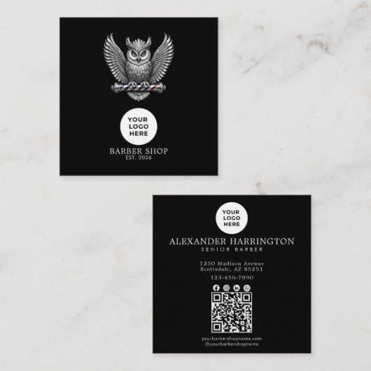 Barbershop Silver Owl Professional Logo Qr Code スクエア名刺 (正面/裏面)
