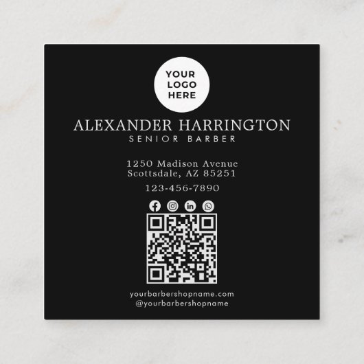 Barbershop Silver Owl Professional Logo Qr Code スクエア名刺 (裏面)