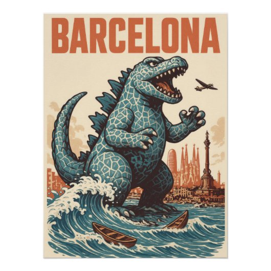 Barcelona City Monster Attack Art Print - Kaiju ポスター (正面)