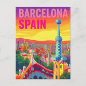 Barcelona Gaudi Sunset Retro ポストカード (正面)