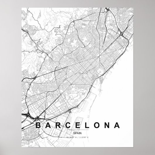 Barcelona Minimalist Map (Black & White) ポスター (正面)