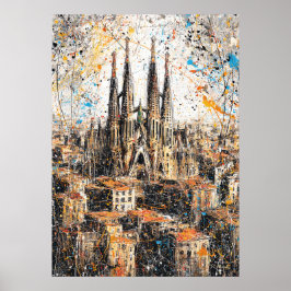 Barcelona Sagrada Familia Abstract Drip Painting ポスター