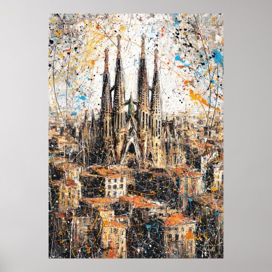 Barcelona Sagrada Familia Abstract Drip Painting ポスター (正面)