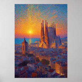 Barcelona Sagrada Familia Pointillism Sunset Art ポスター