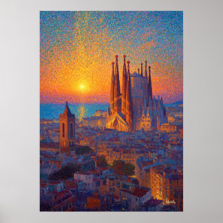 Barcelona Sagrada Familia Pointillism Sunset Art ポスター