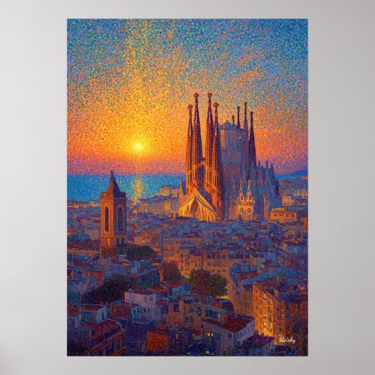 Barcelona Sagrada Familia Pointillism Sunset Art ポスター (正面)