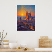 Barcelona Sagrada Familia Pointillism Sunset Art ポスター (キッチン)