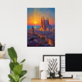 Barcelona Sagrada Familia Pointillism Sunset Art ポスター (ホームオフィス)